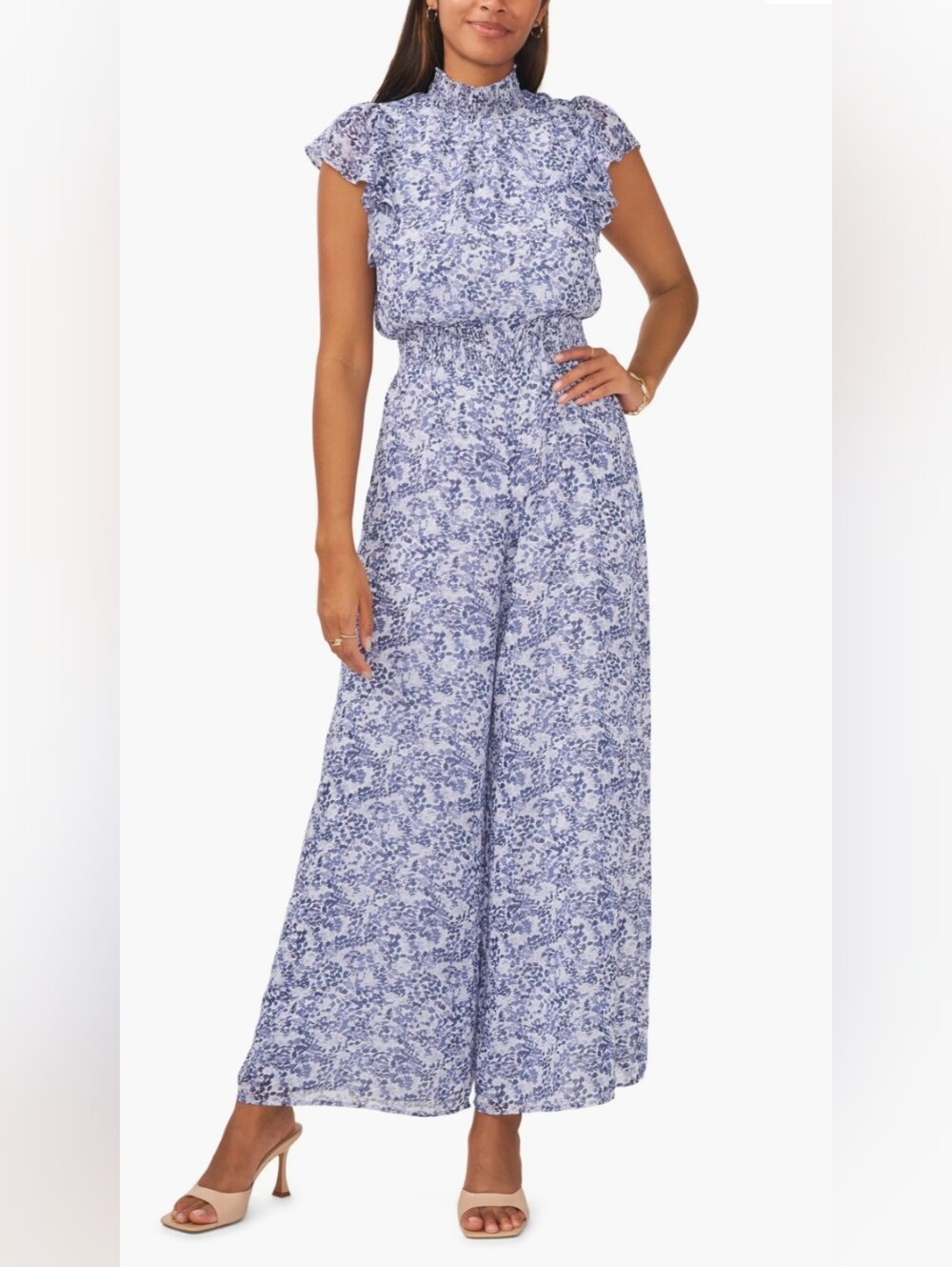 Chaus Lavender-White Floral Ruffle High-Neck Wide-Leg Jumpsuit